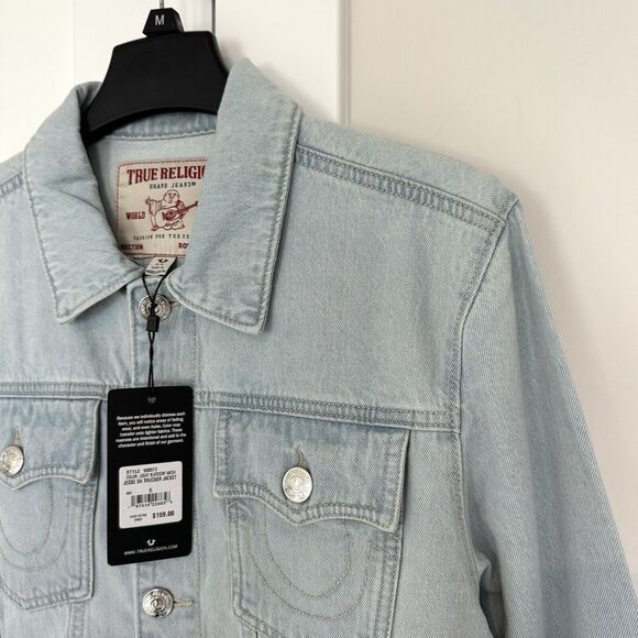 True Religion Jesse Trucker Light Blossom Wash Denim Jean Jacket S NEW Logo Flap - Picture 3 of 8